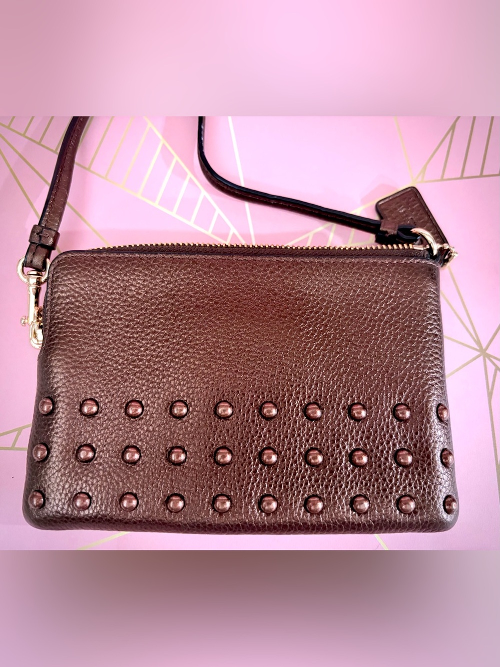 Coach Metallic Chocolate Brown Pebbled Leather Zip Wristlet - Picture 5 of 7